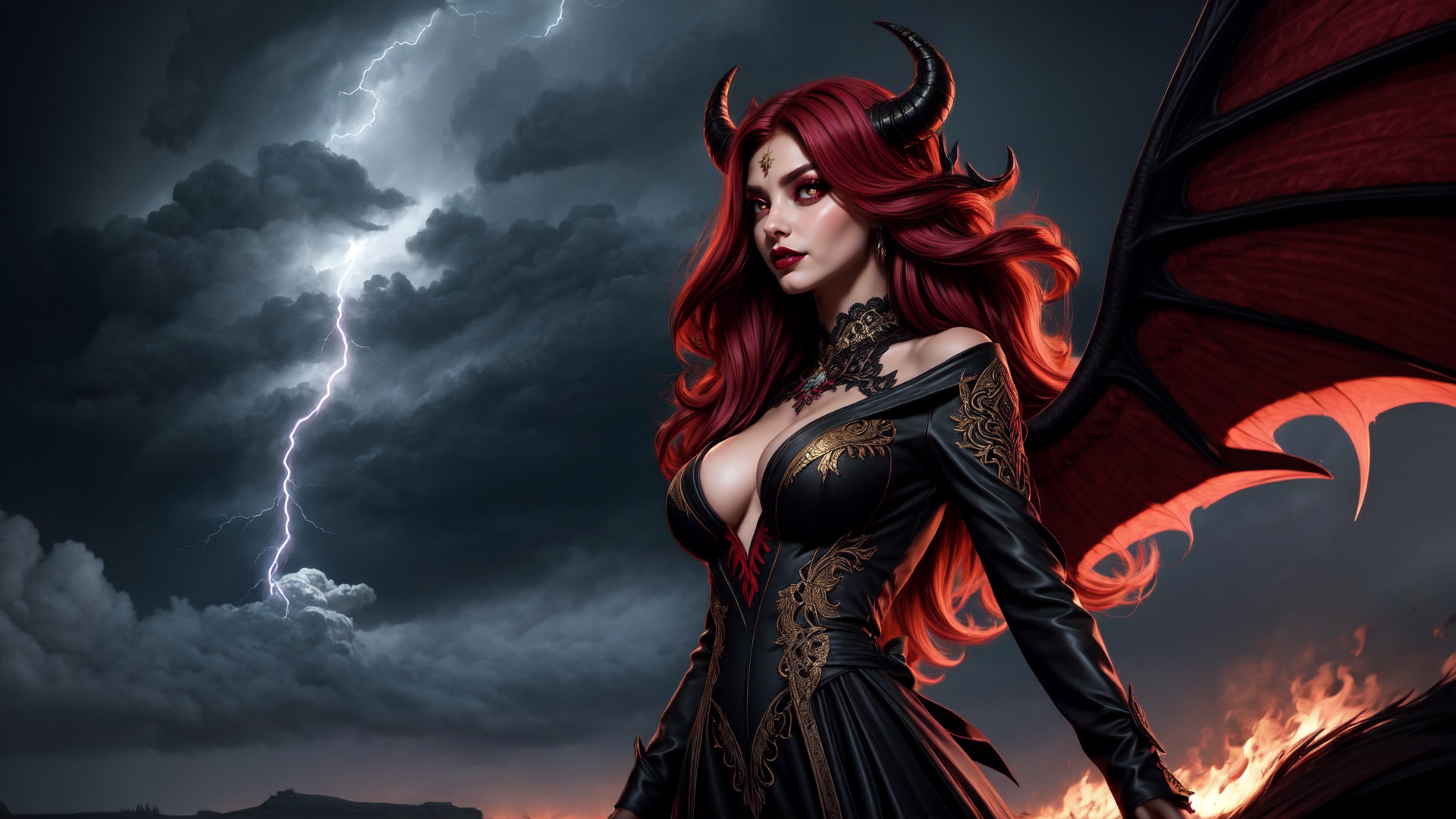 AI generated wallpaper featuring demon, woman, dragon, wings, lightning, fire