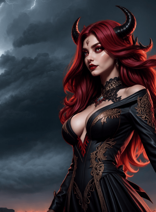 demon, woman, dragon, wings, lightning, fire