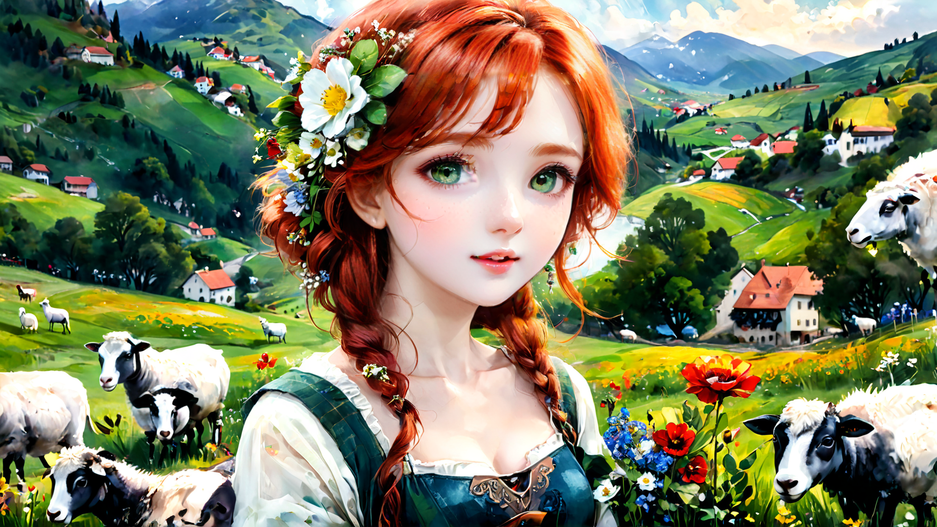 AI generated wallpaper featuring girl, sheep, flowers