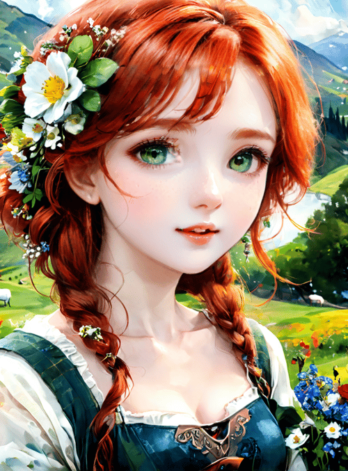 girl, sheep, flowers