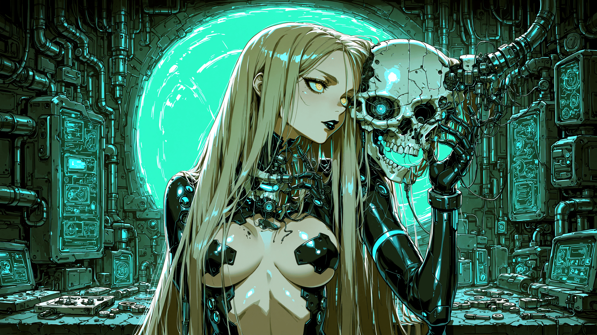 AI generated wallpaper featuring cyborg, skeleton, mechanical, futuristic, robot, woman, gears, interface, tech, neon