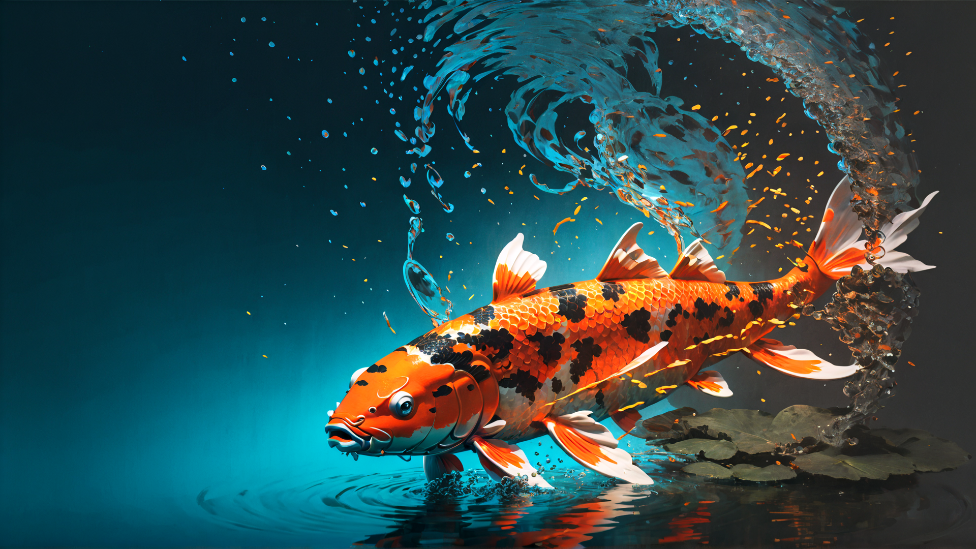 AI generated wallpaper featuring koi fish, water, leaves, splashes, fish scales
