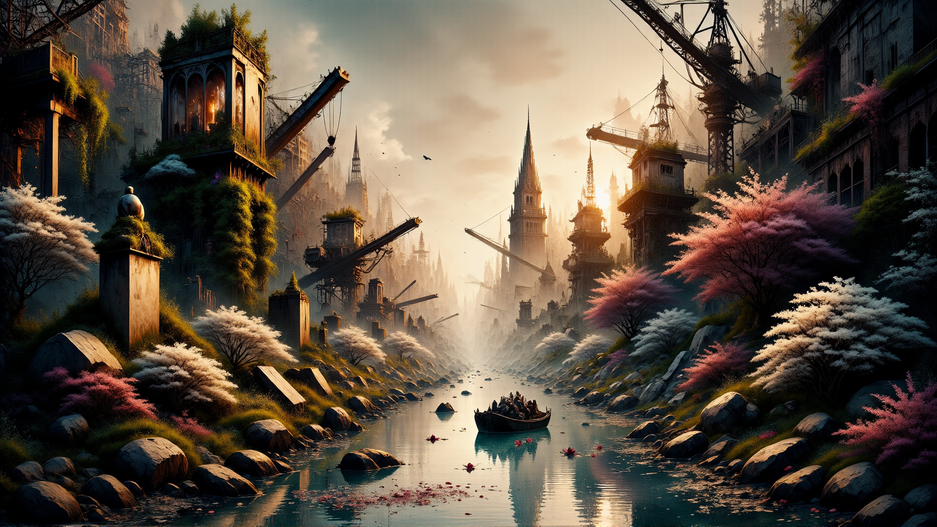 AI generated wallpaper featuring city, river, cranes, trees, boat