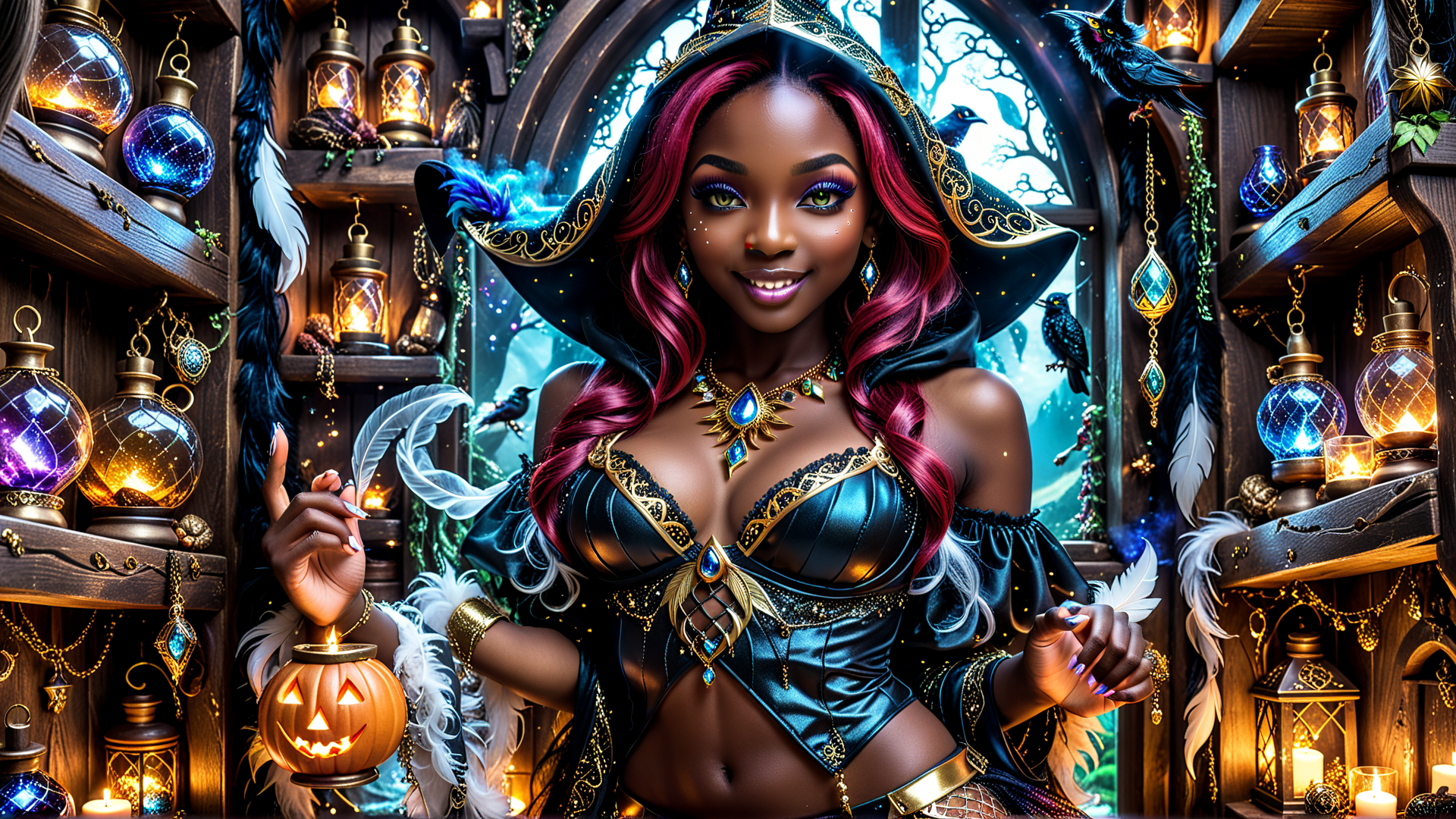 AI generated wallpaper featuring witch, wizard, woman, magical, crow, lantern, feather, candle, gem, pumpkin