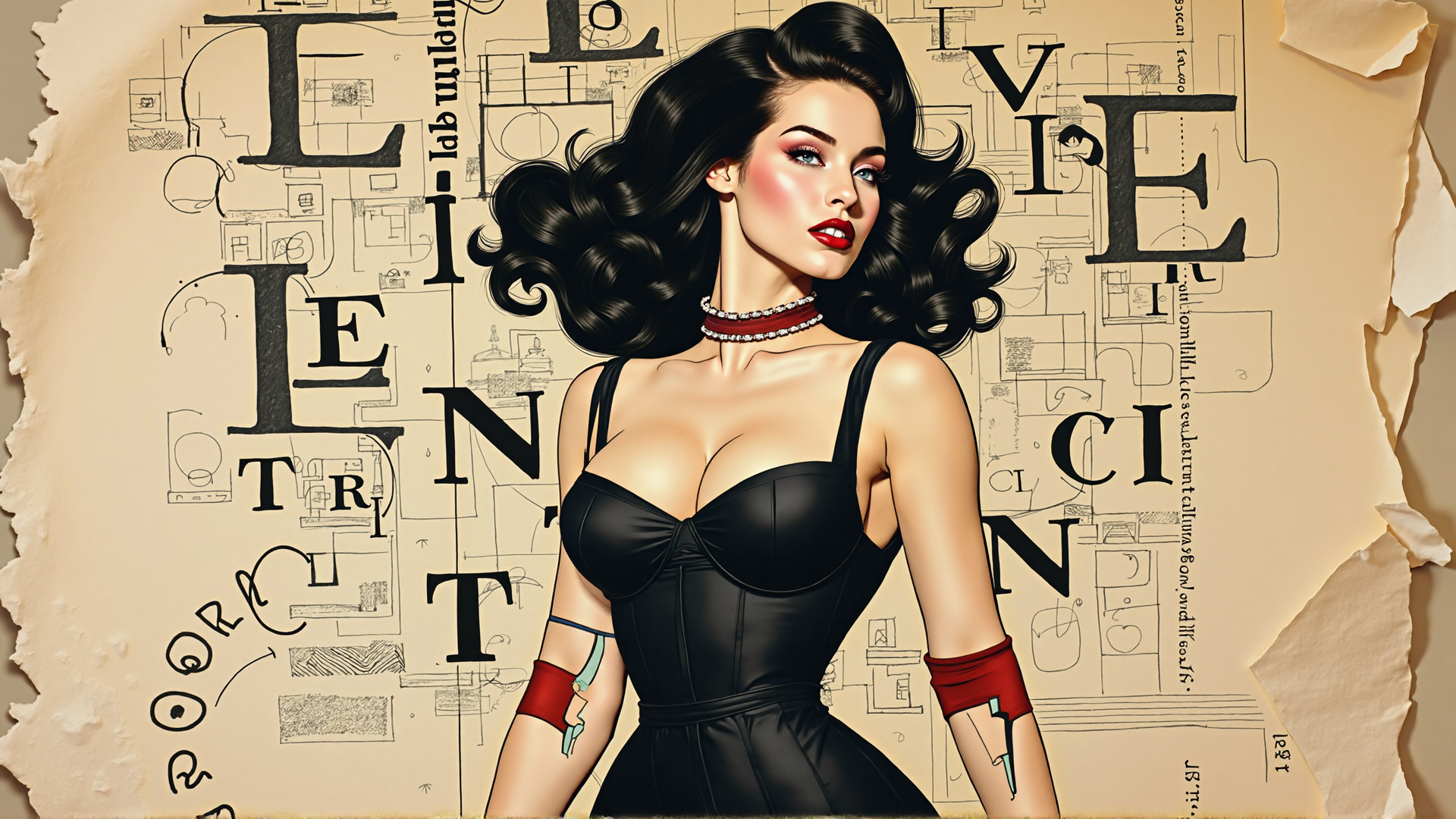 AI generated wallpaper featuring woman, pinup, dress, choker, curls, arms, vintage, design, paper, text