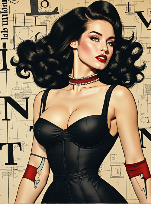 woman, pinup, dress, choker, curls, arms, vintage, design, paper, text