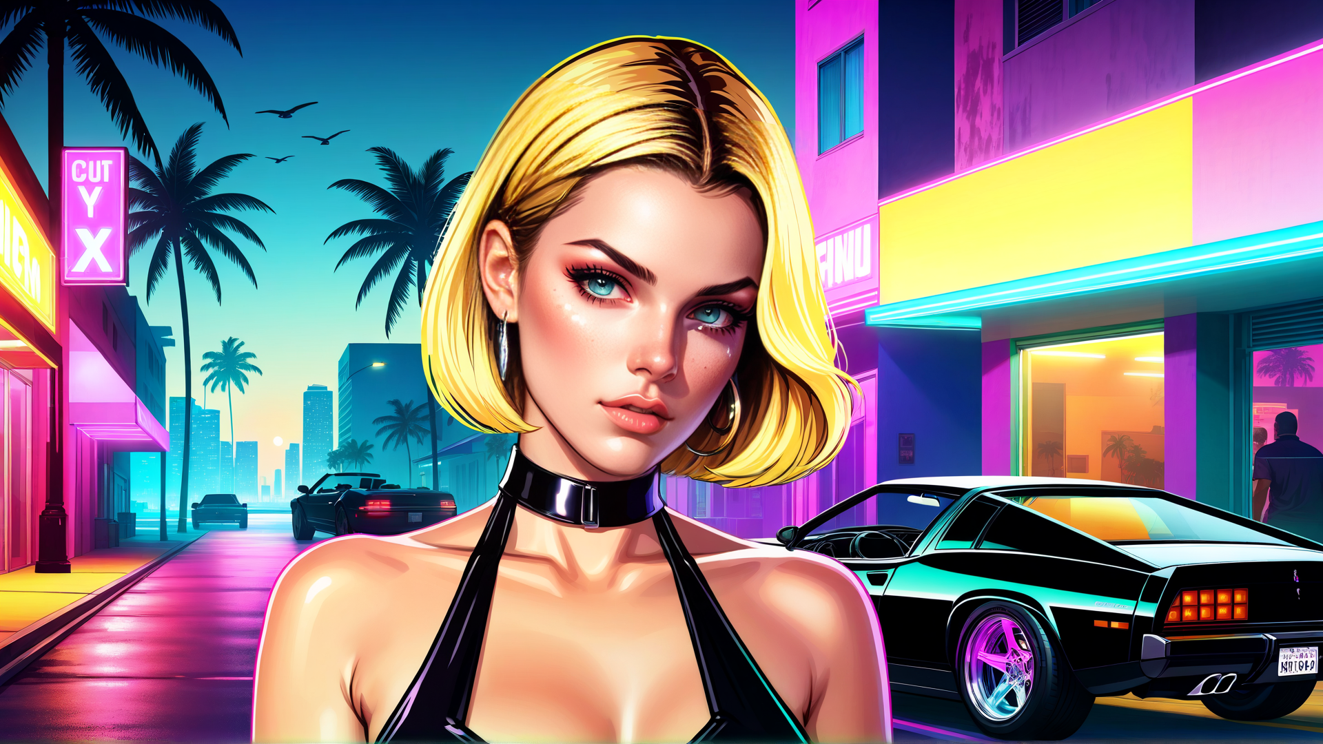 AI generated wallpaper featuring woman, cars, palm trees, neon signs, city