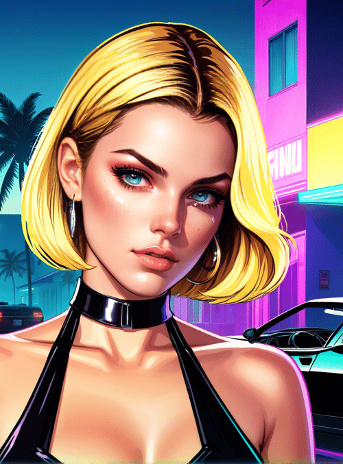 woman, cars, palm trees, neon signs, city