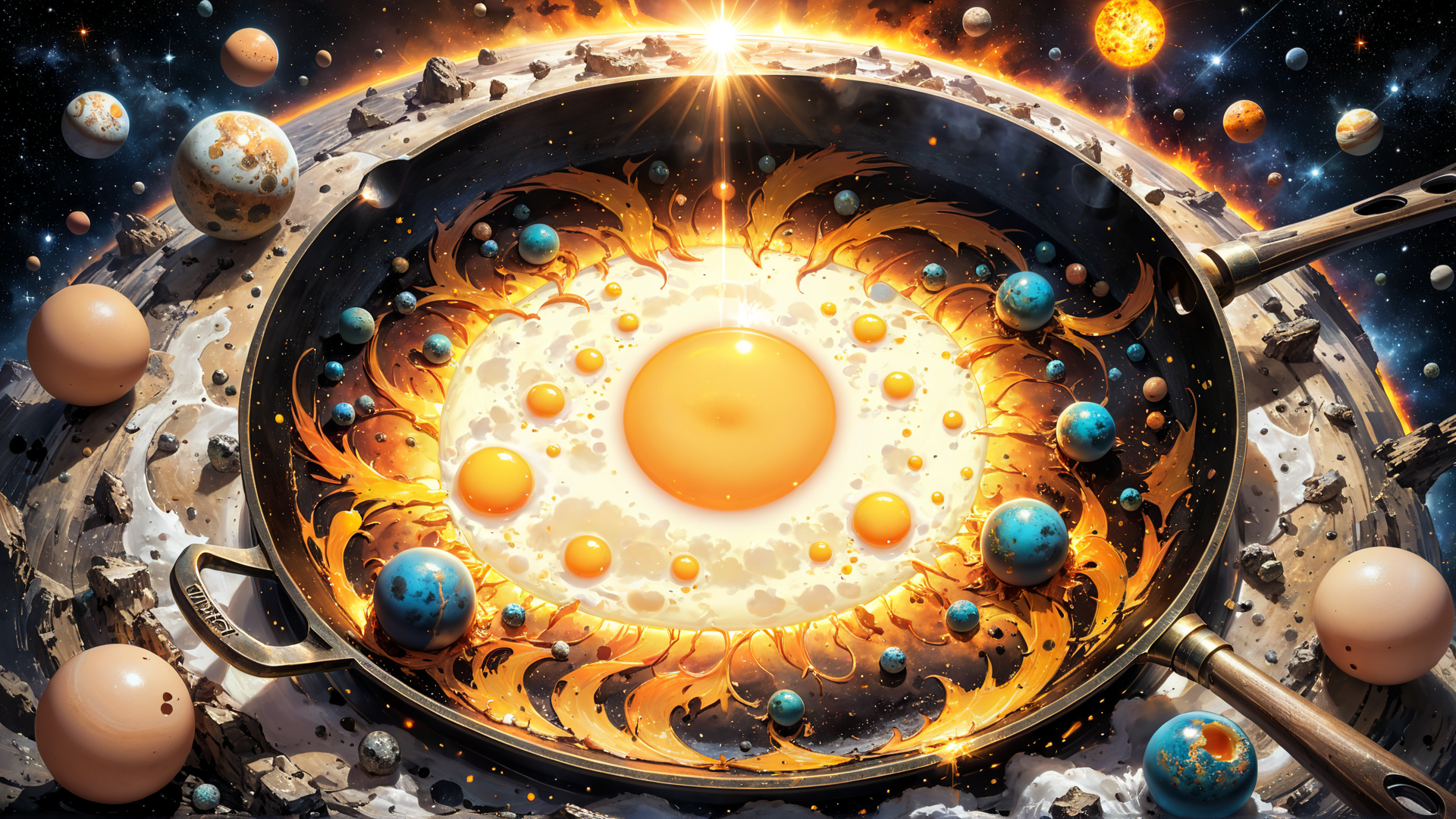 AI generated wallpaper featuring egg, pan, planets