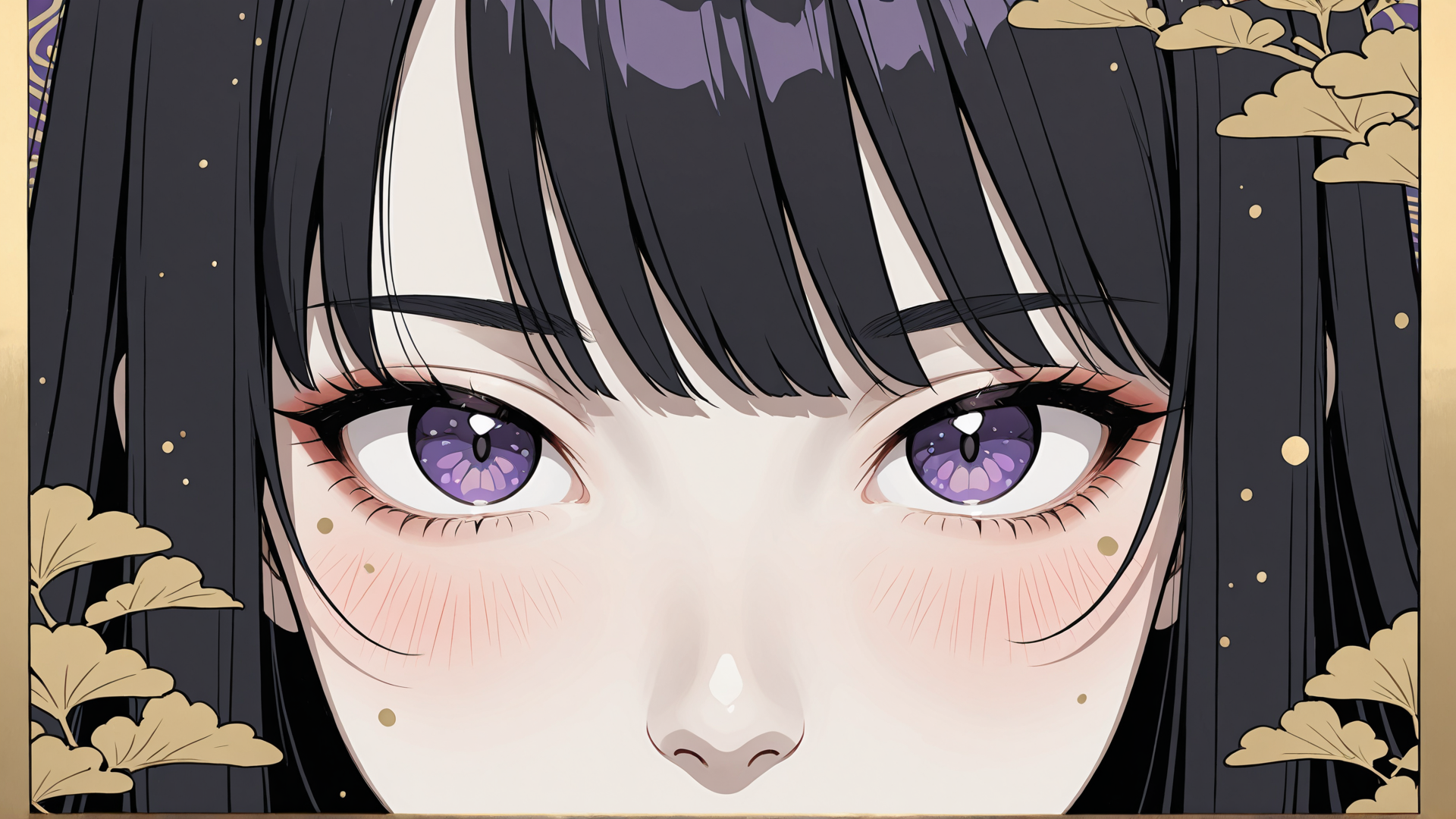 AI generated wallpaper featuring face, eyes, hair, leaves, dots