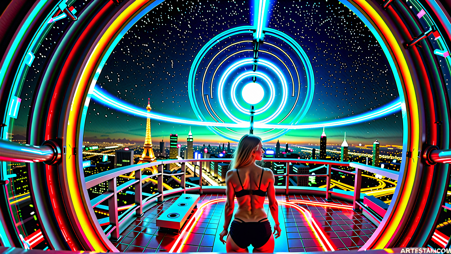 AI generated wallpaper featuring woman, neon, city