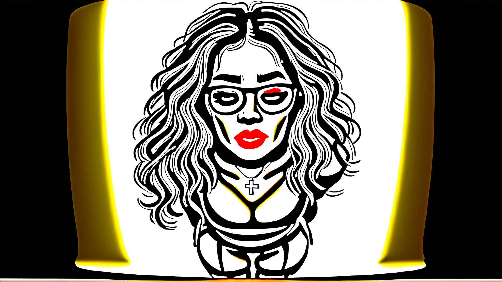AI generated wallpaper featuring woman, glasses, cross, curly hair, lipstick