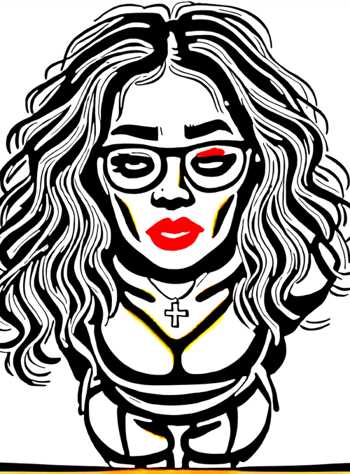 woman, glasses, cross, curly hair, lipstick