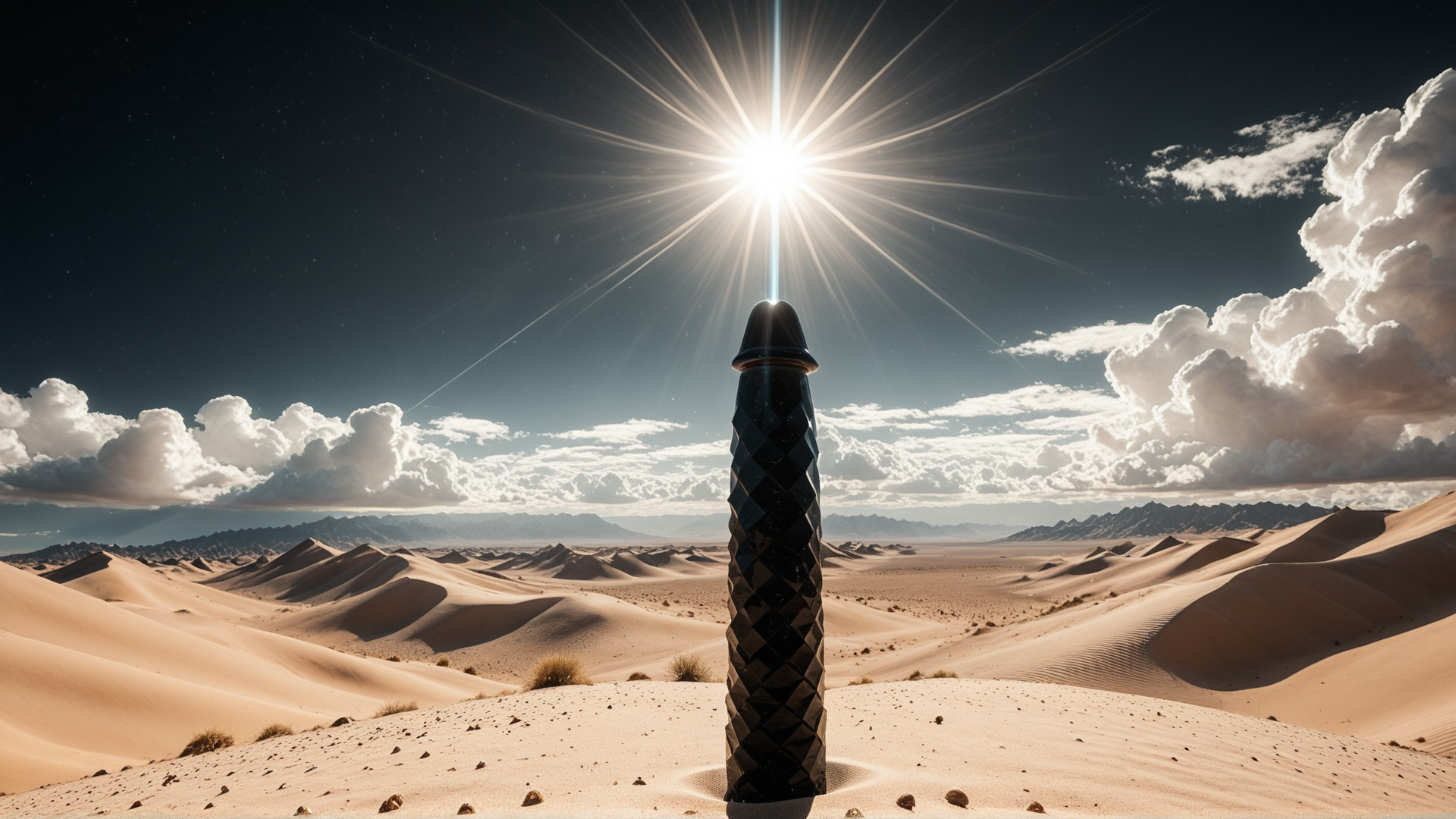 AI generated wallpaper featuring monument, desert, sun, sand dune, cloud, mountain, sky, light, dune, structure