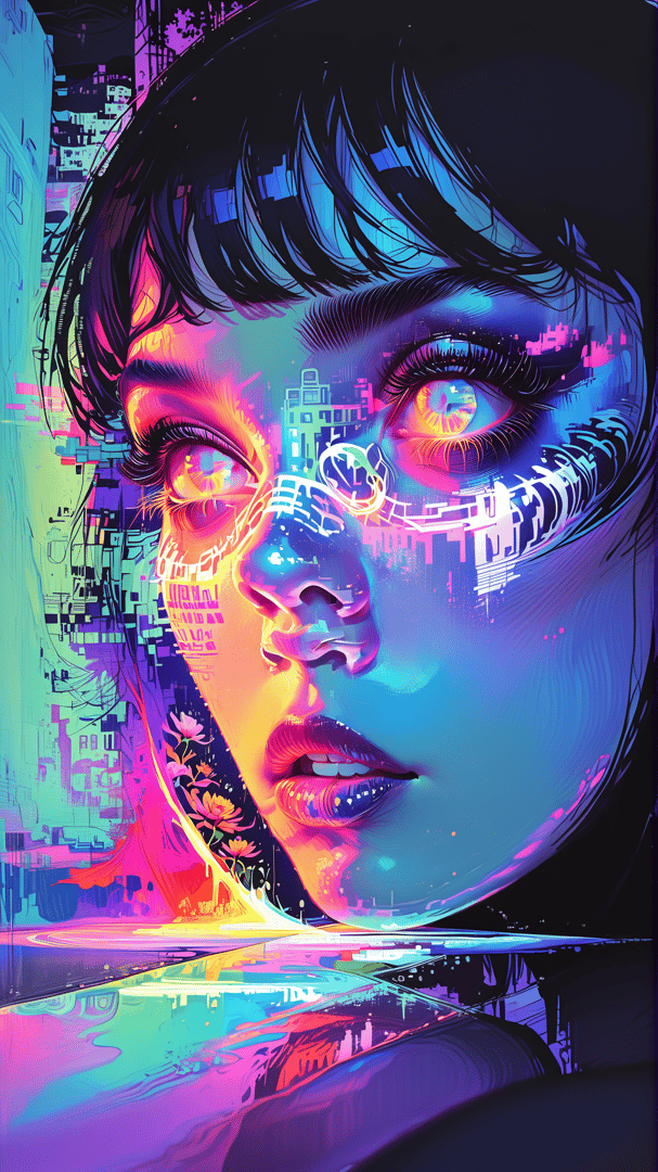AI generated wallpaper featuring face, cityscape, neon, flowers, digital, cyberpunk, reflections, glow, urban, abstract