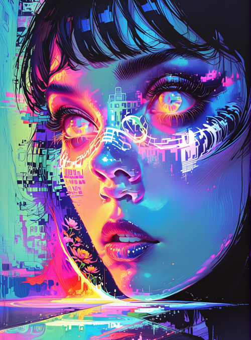 face, cityscape, neon, flowers, digital, cyberpunk, reflections, glow, urban, abstract