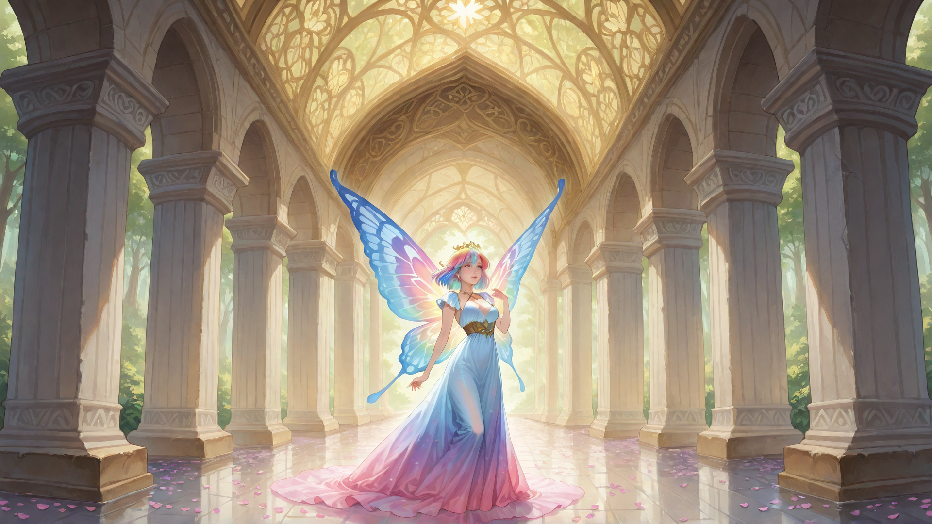 AI generated wallpaper featuring fairy, princess, garden, columns, arches, sunlight, petals, dress, wings, crown