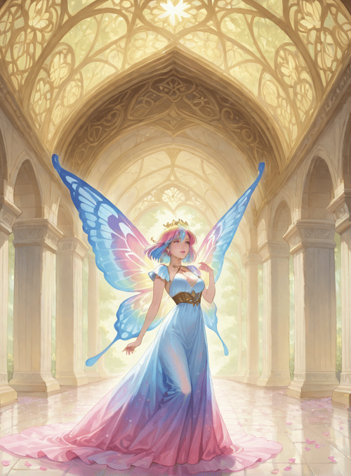 fairy, princess, garden, columns, arches, sunlight, petals, dress, wings, crown