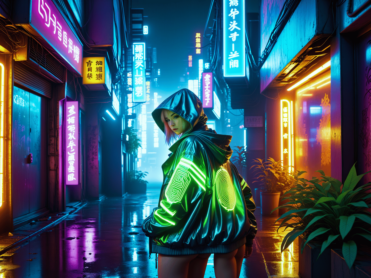 AI generated wallpaper featuring person, neon, jacket