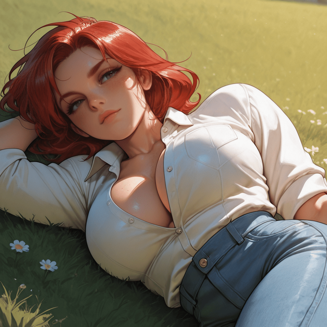 AI generated wallpaper featuring woman, grass, daisy