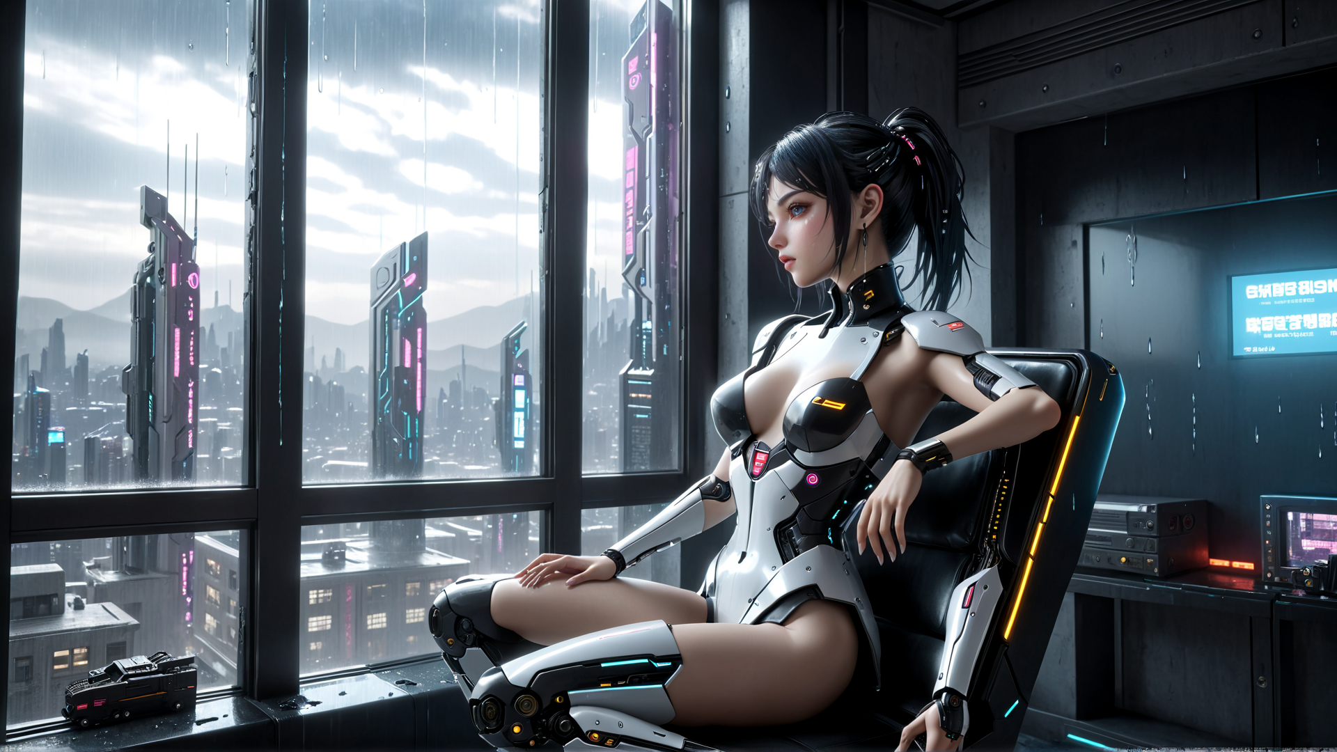 AI generated wallpaper featuring cyborg, woman, chair