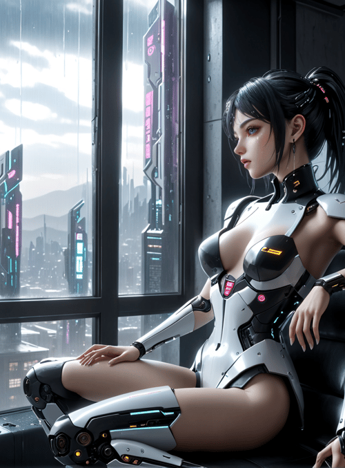 cyborg, woman, chair