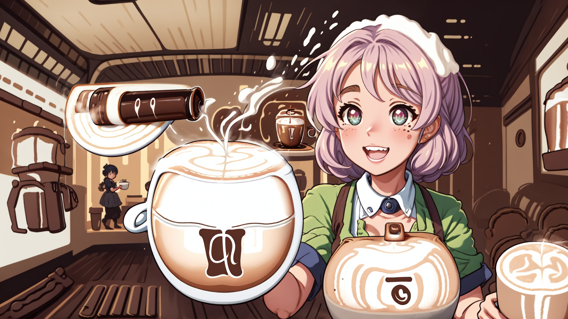 AI generated wallpaper featuring girl, coffee, barista, cup, latte, cafe, mug, steamer, apron, kettle