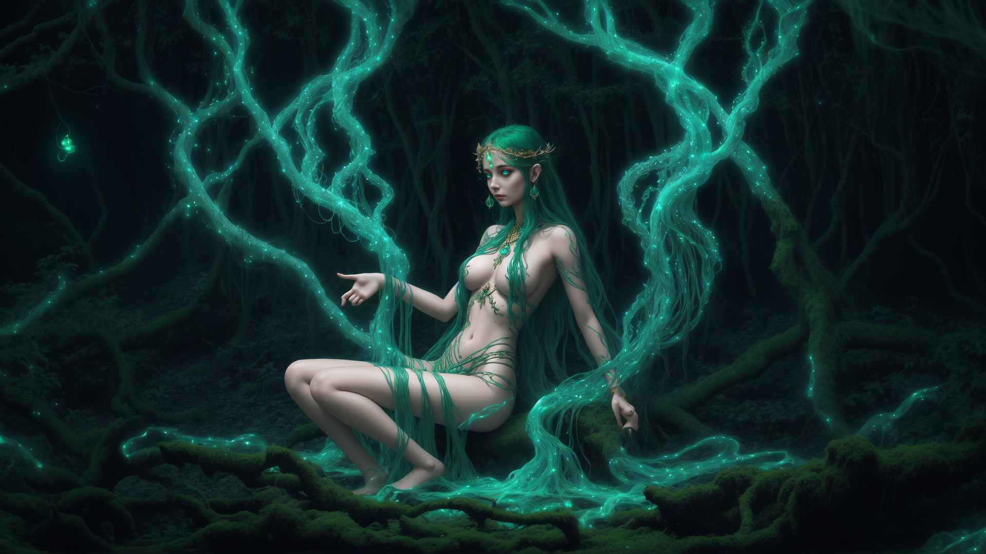 AI generated wallpaper featuring nature spirit, green figure, forest deity