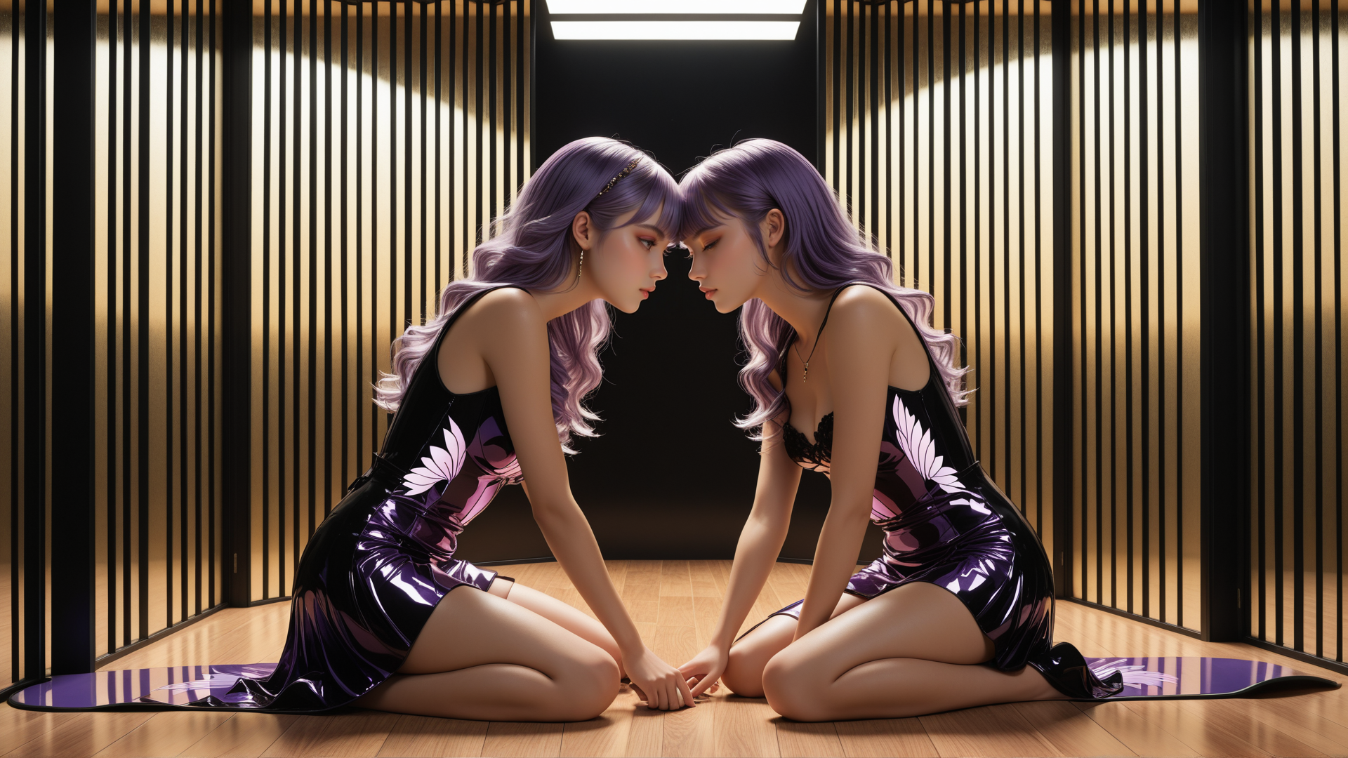 AI generated wallpaper featuring women, purple hair, dress, kneeling, butterfly, mirror, room, light, silk, lace