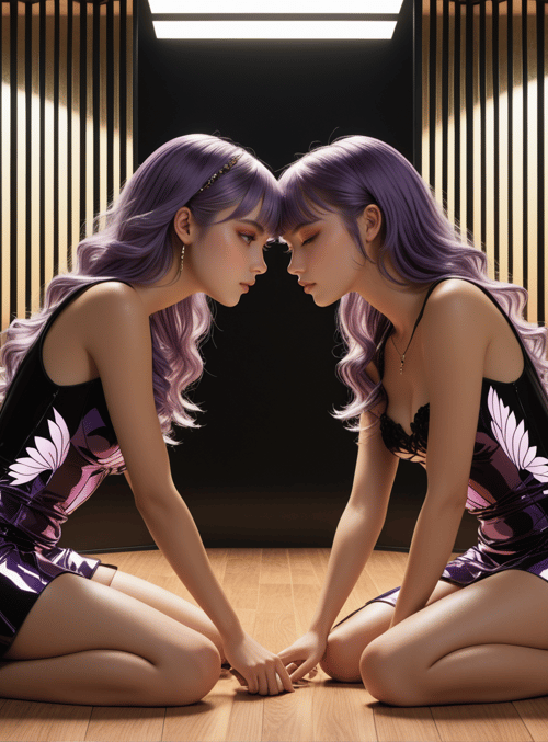 women, purple hair, dress, kneeling, butterfly, mirror, room, light, silk, lace