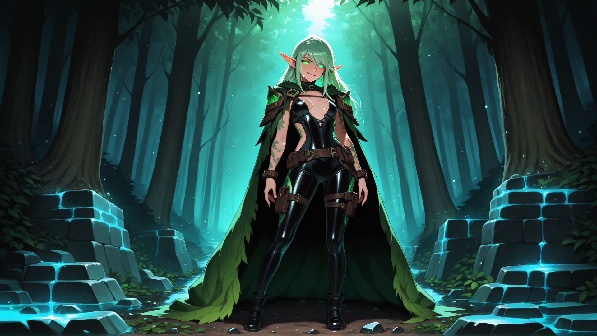 AI generated wallpaper featuring elf, forest, ancient ruins