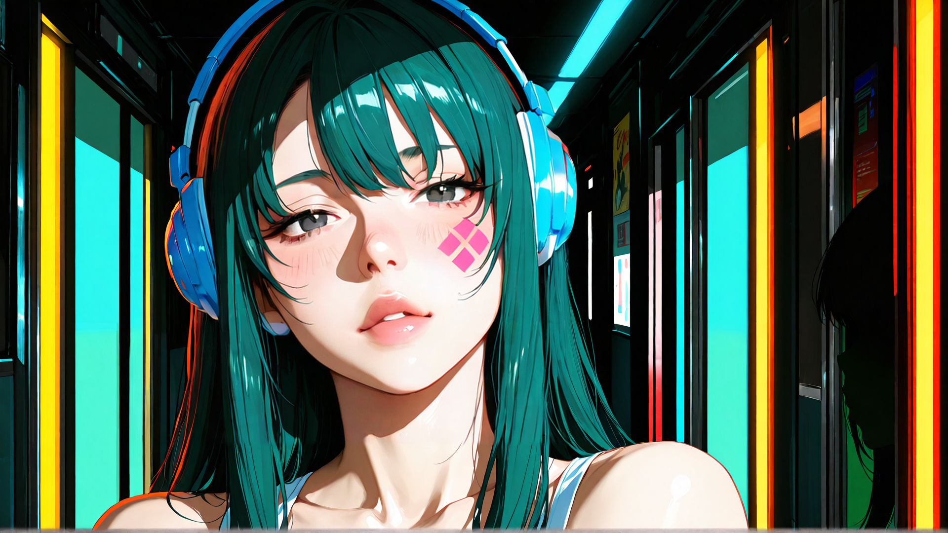 AI generated wallpaper featuring girl, headphones, train, hair
