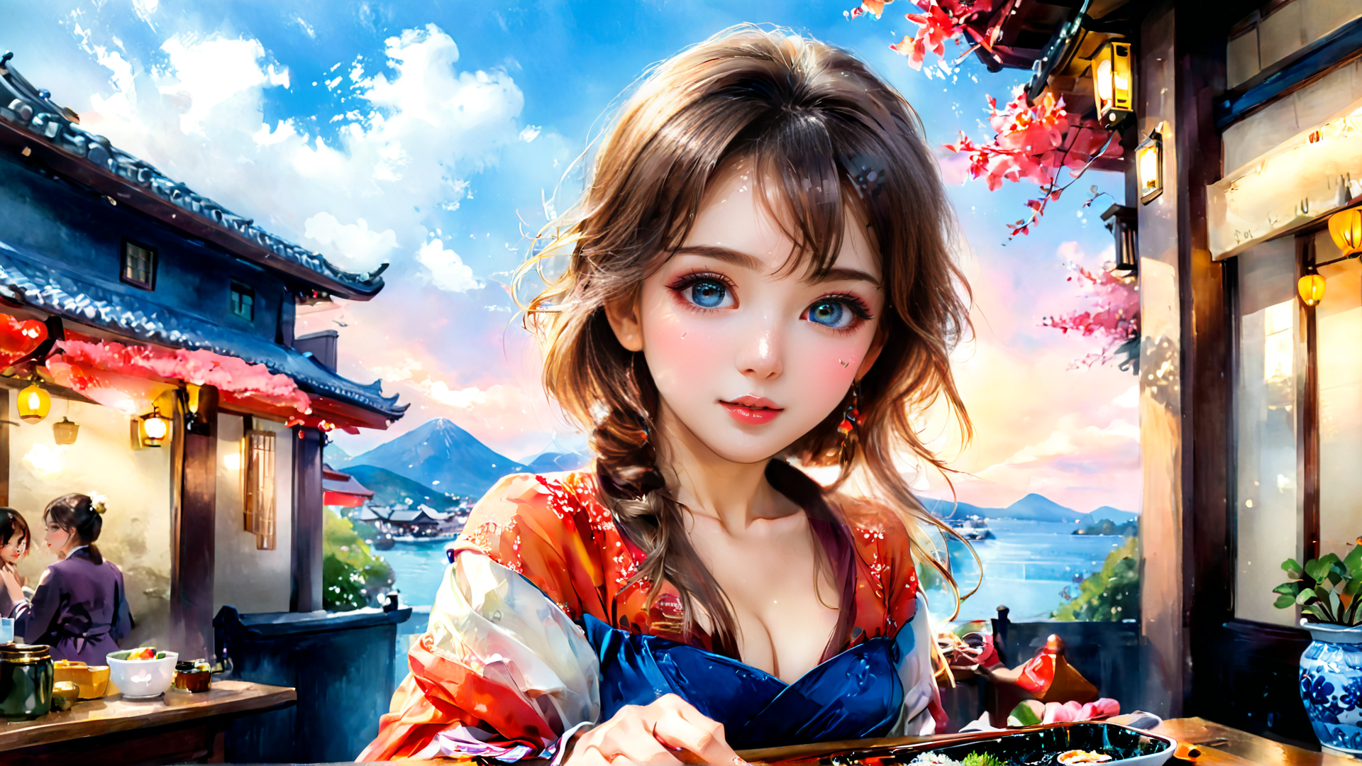 AI generated wallpaper featuring woman, cherry blossoms, traditional building
