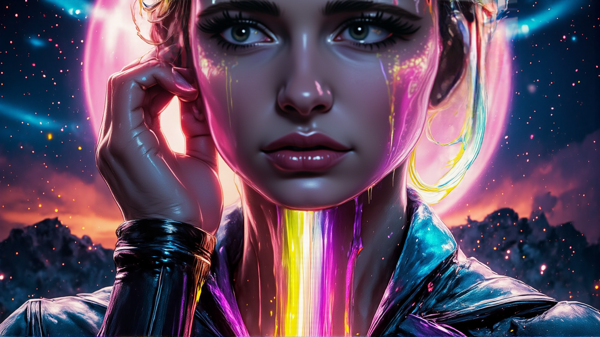 AI generated wallpaper featuring woman, neon, paint