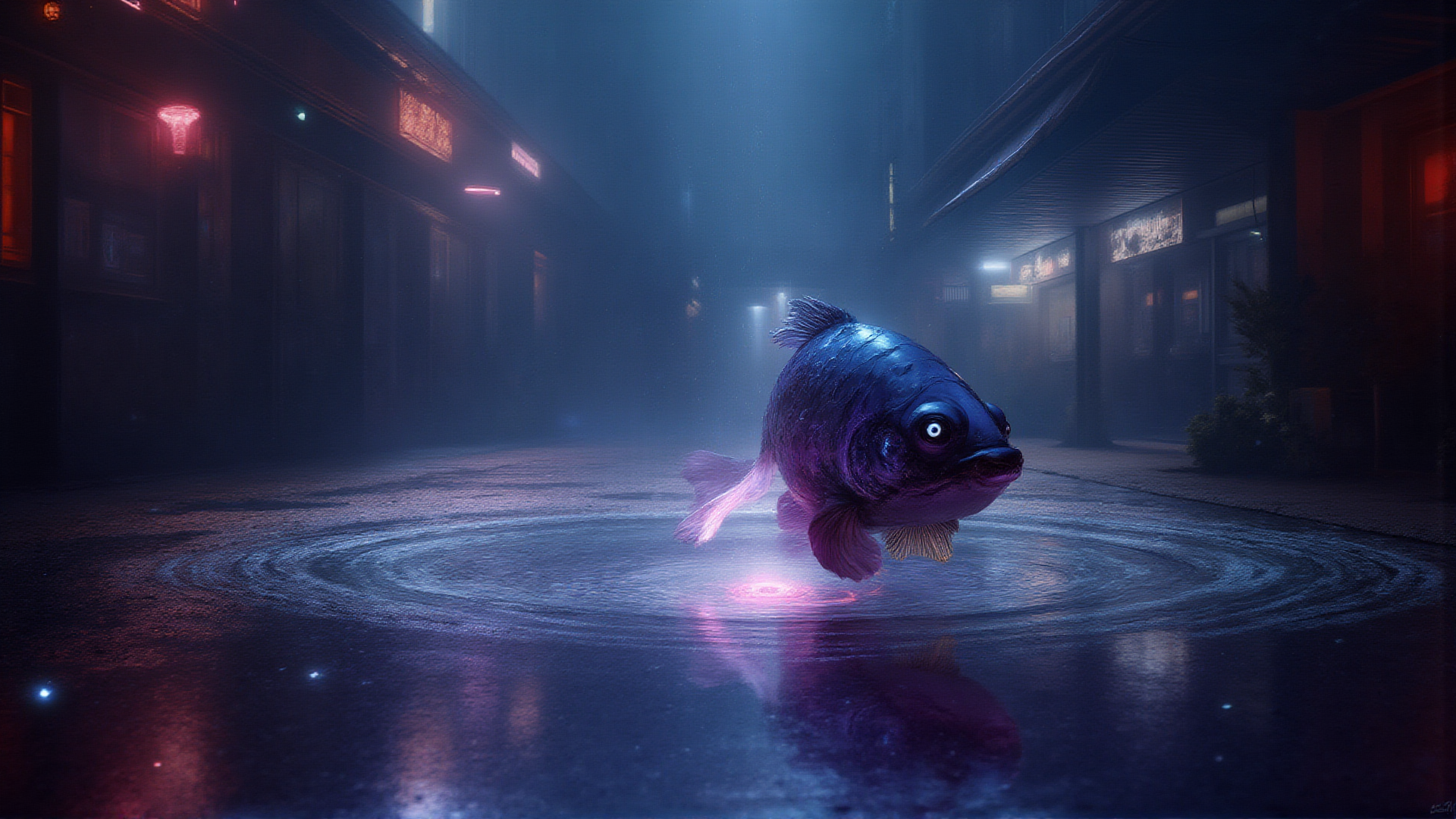 AI generated wallpaper featuring fish, alley, water, building, light, reflection, mist, street, rings, neon