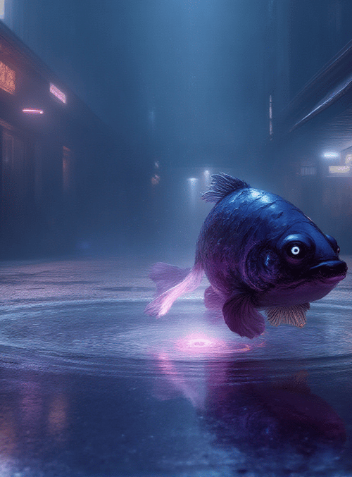 fish, alley, water, building, light, reflection, mist, street, rings, neon
