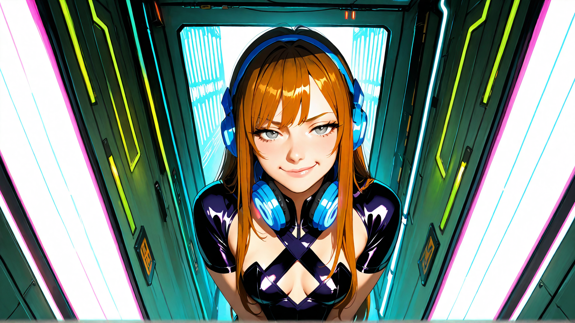 AI generated wallpaper featuring woman, headphones, corridor, neon, cyberpunk