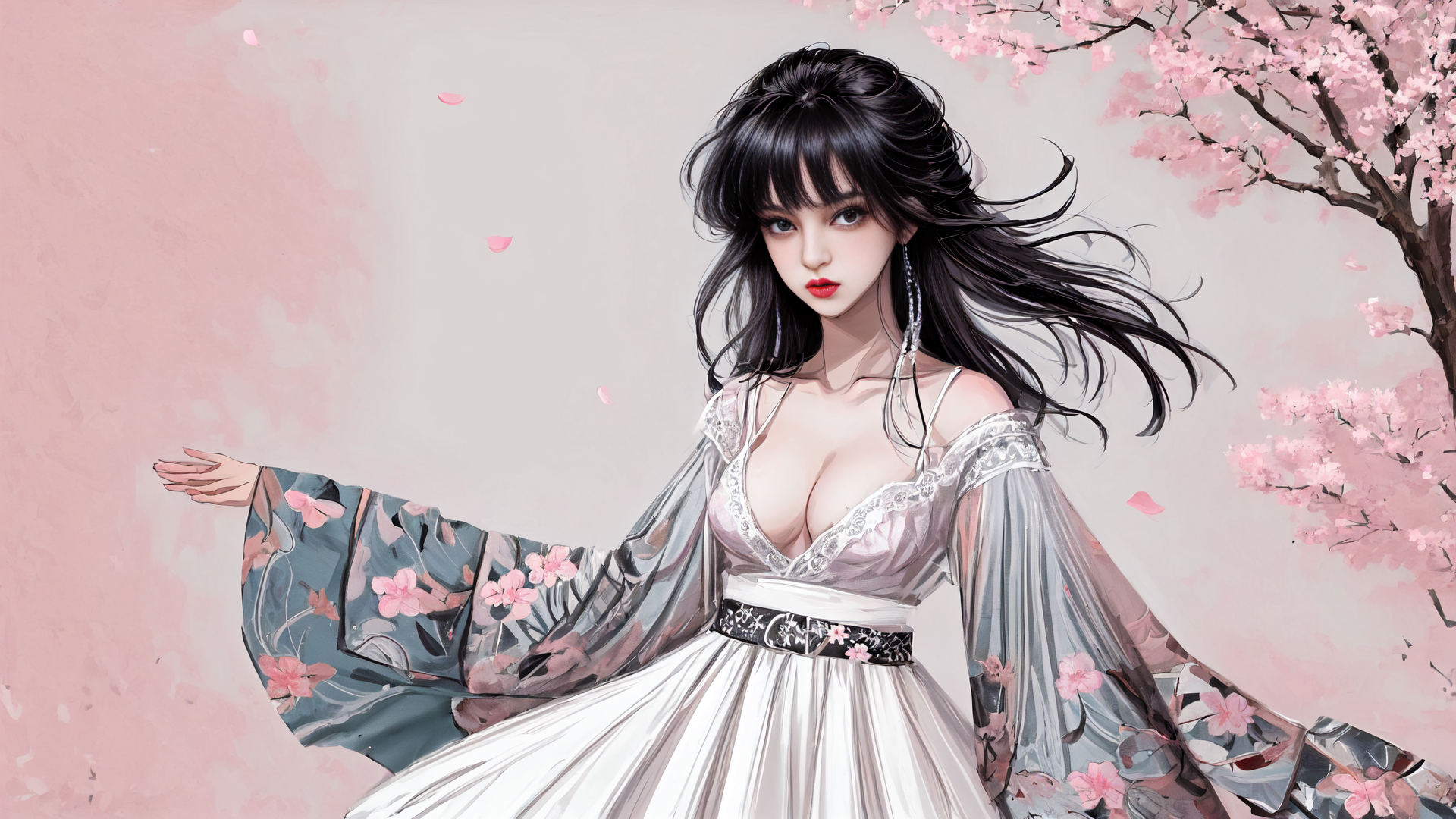 AI generated wallpaper featuring woman, cherry blossom, dress
