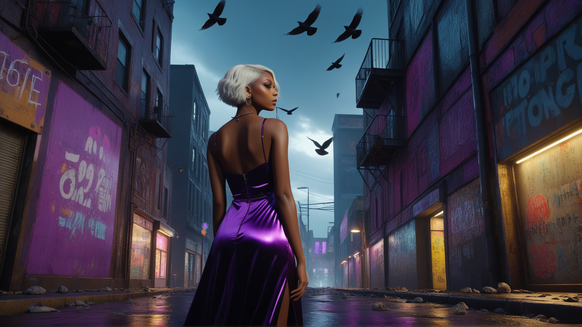 AI generated wallpaper featuring woman, city, birds, buildings, street