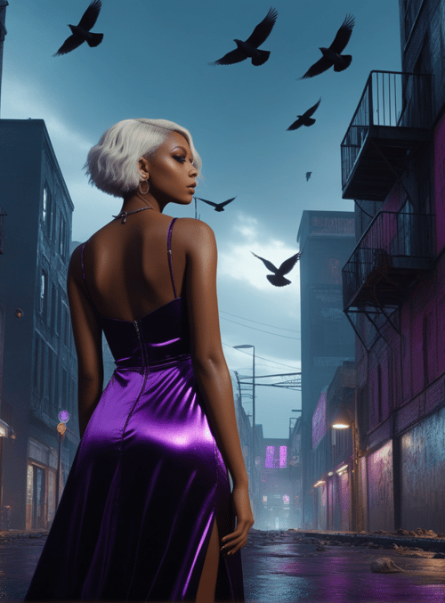 woman, city, birds, buildings, street