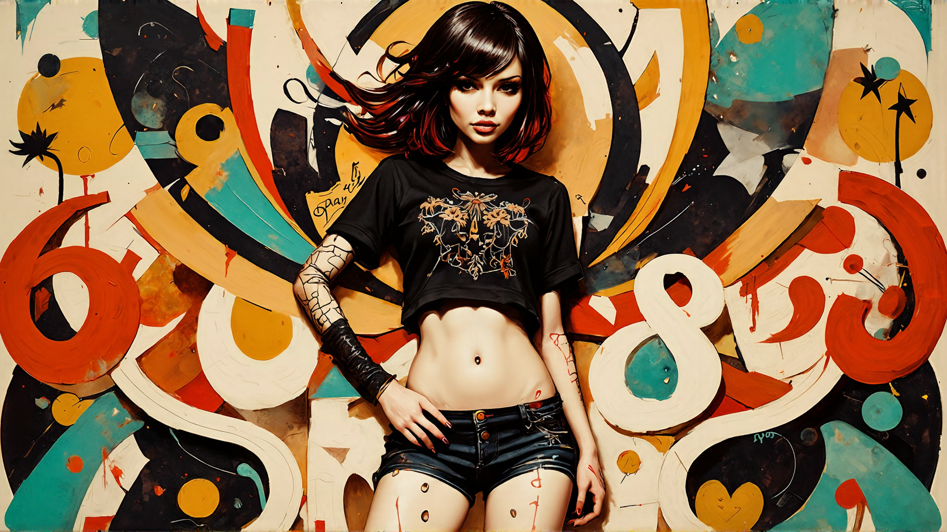 AI generated wallpaper featuring woman, graffiti, tattoo, shorts, t-shirt, painting