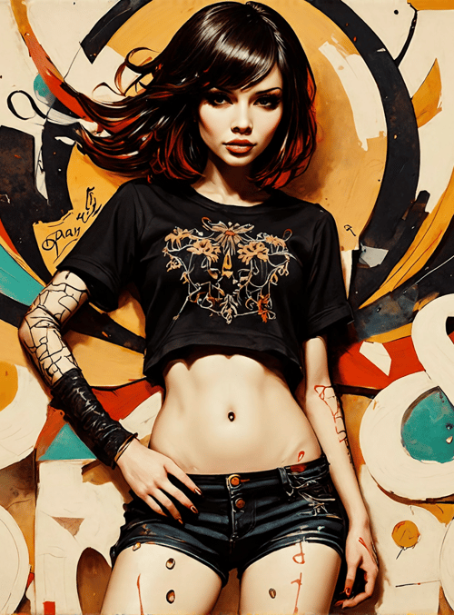woman, graffiti, tattoo, shorts, t-shirt, painting