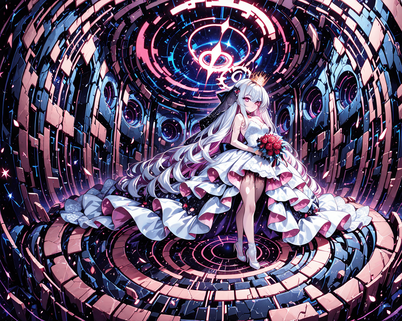 AI generated wallpaper featuring bride, cyberpunk, gears