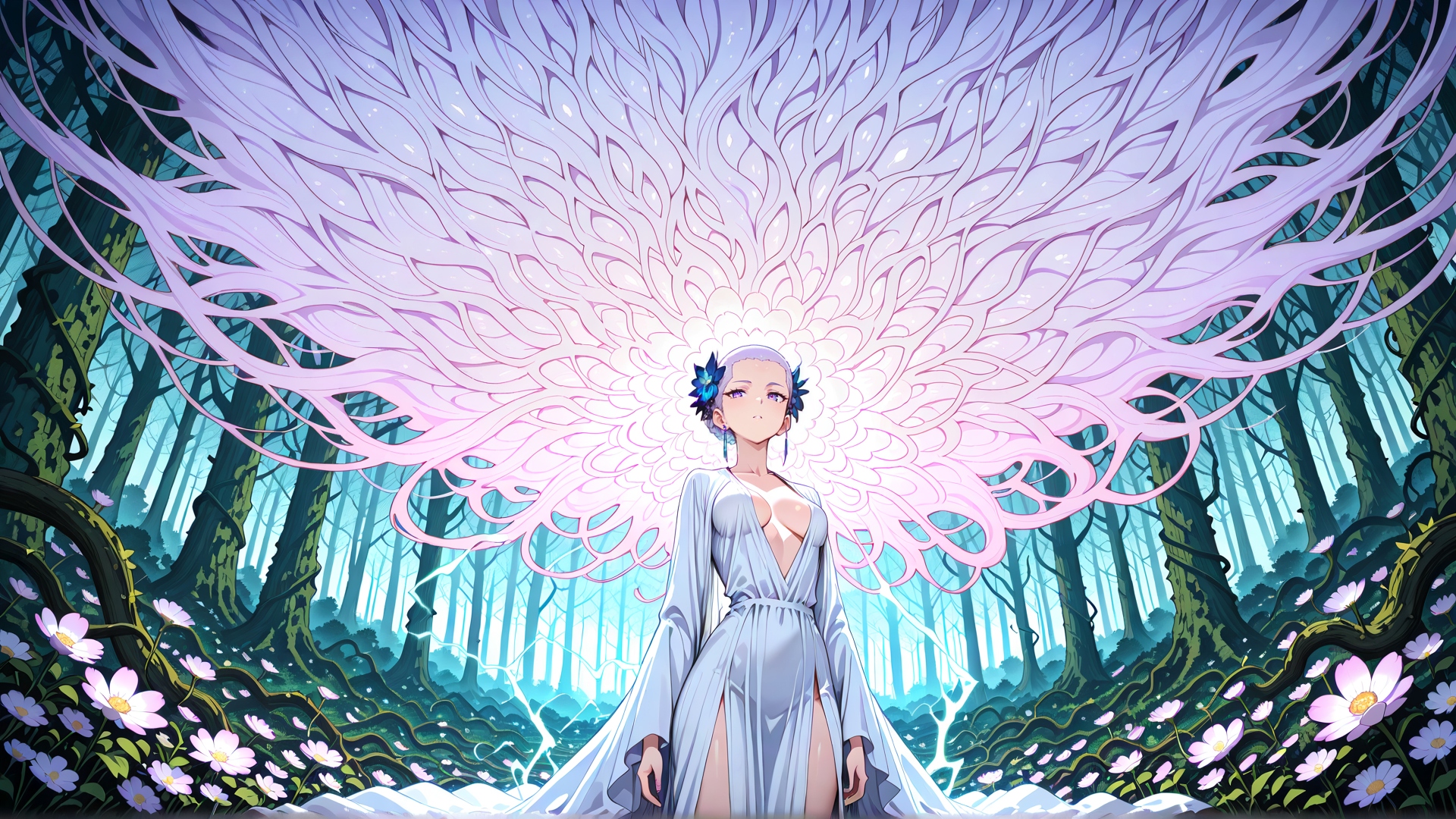 AI generated wallpaper featuring woman, forest, flowers, wings, trees, dress