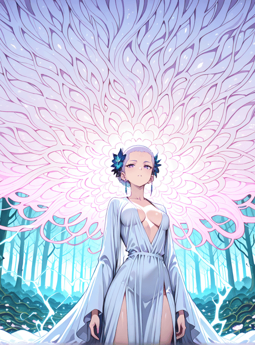 woman, forest, flowers, wings, trees, dress