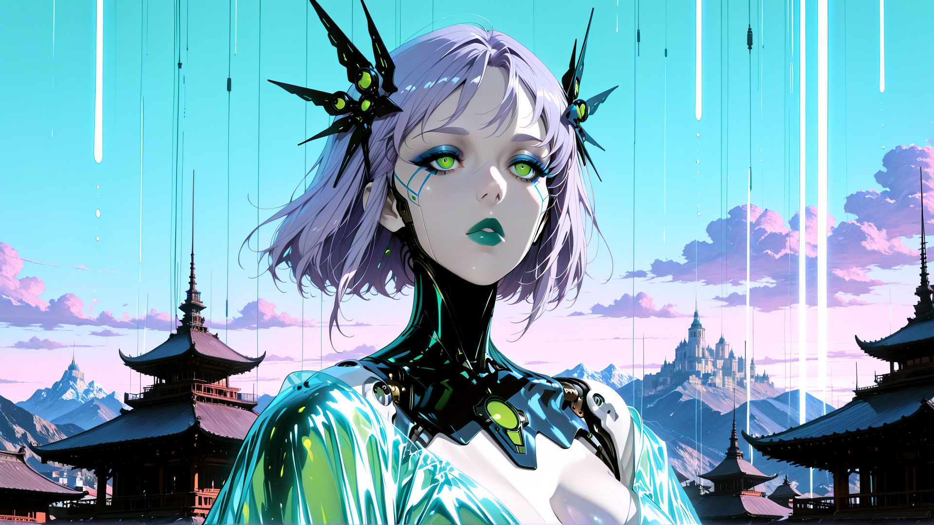 AI generated wallpaper featuring cyborg, woman, butterfly, architecture, mountain