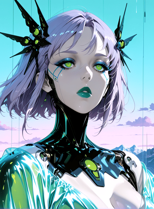 cyborg, woman, butterfly, architecture, mountain