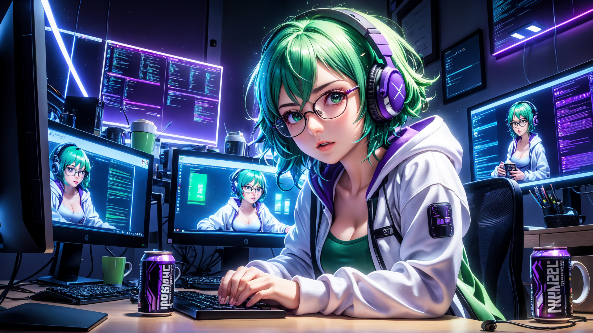 AI generated wallpaper featuring anime, girl, headphones, computer, monitor, keyboard, cans, glasses, desk, screens