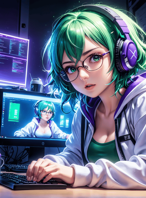 anime, girl, headphones, computer, monitor, keyboard, cans, glasses, desk, screens