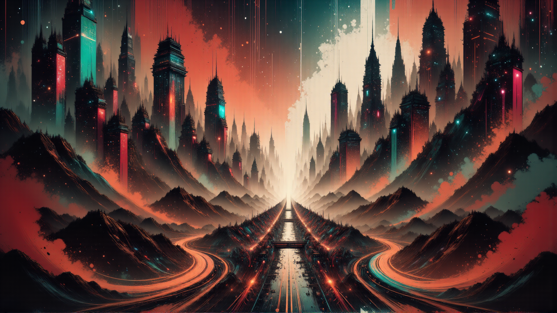 AI generated wallpaper featuring city, skyscraper, mountain, road, landscape, futurism, architecture, neon, structure, light